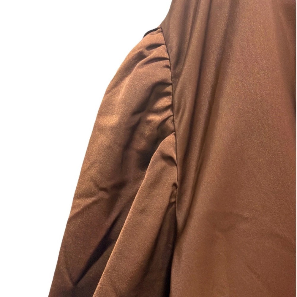 🆕Adiva Chocolate Brown Satin Wrap Tie Waist Blouse Shawl Collar Puff Sleeve 2X - Picture 7 of 9